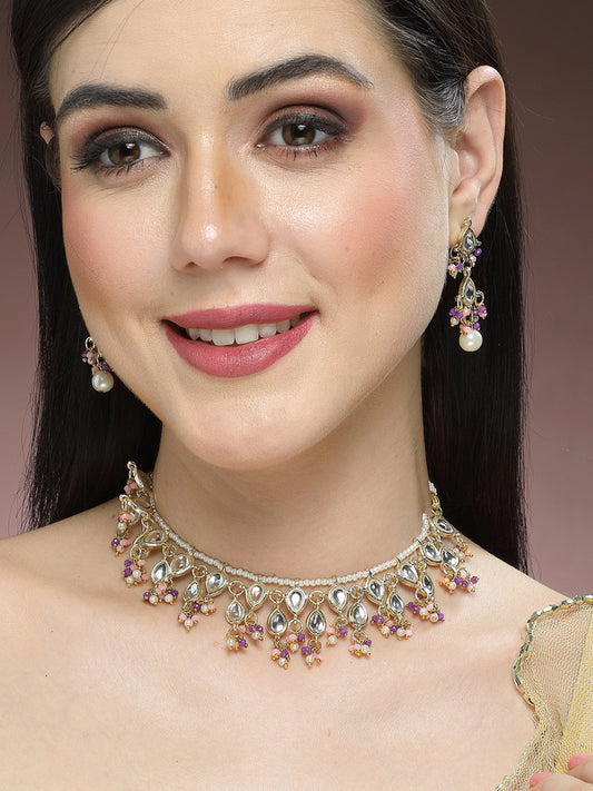 kridha™Gold Plated Pink and Purple Crystal Kundan Necklace Set for Women