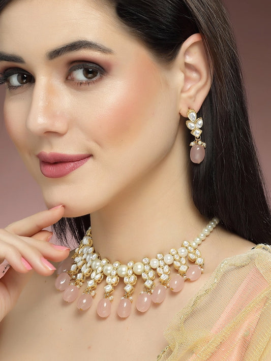 Kridha™Gold Plated Pink Tumble and Pearl Studded Kundan Necklace Set